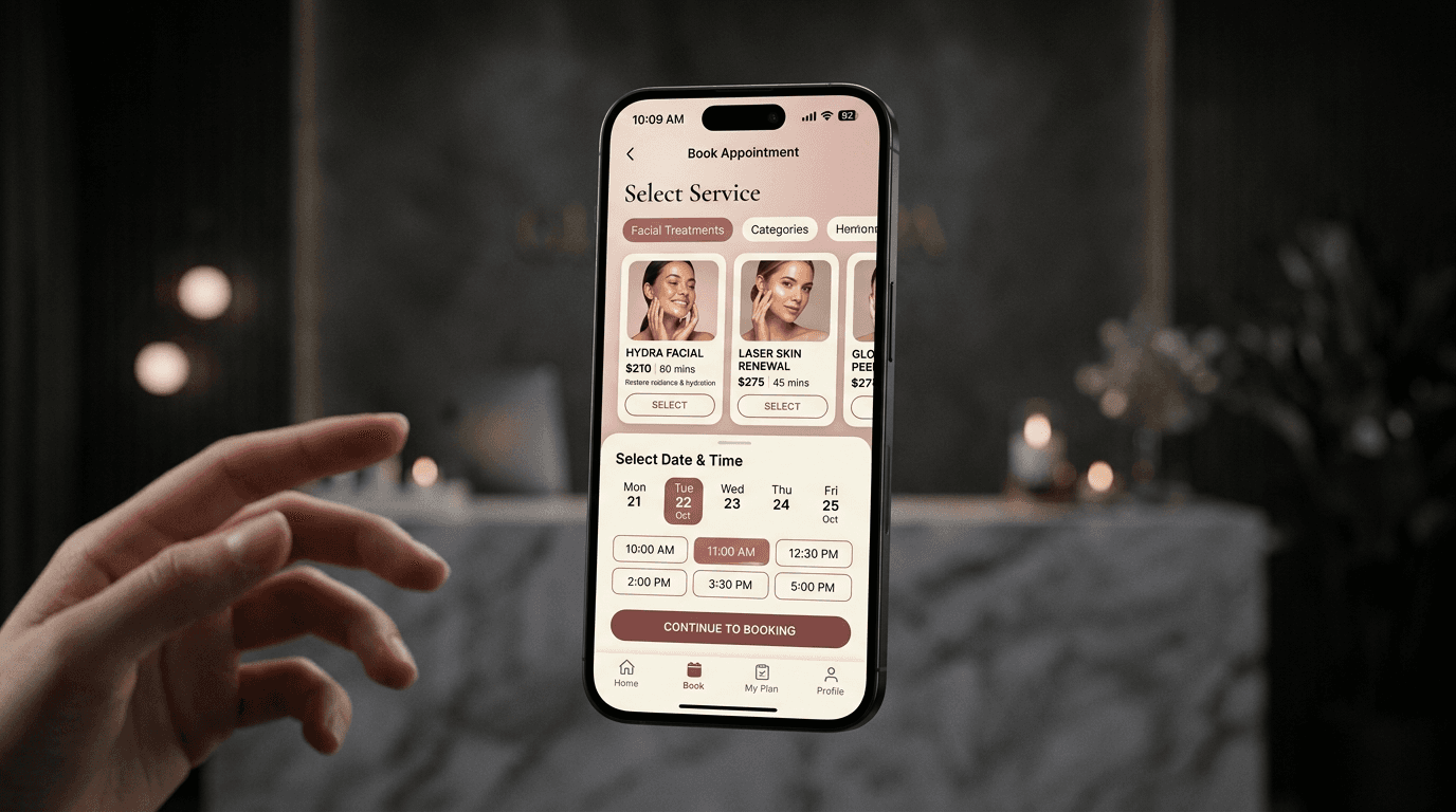 Med spa appointment booking app on a phone showing treatment cards and time slots